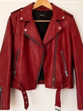 ZARA Basic Red Faux Leather Moto Jacket – Size Small ❤️